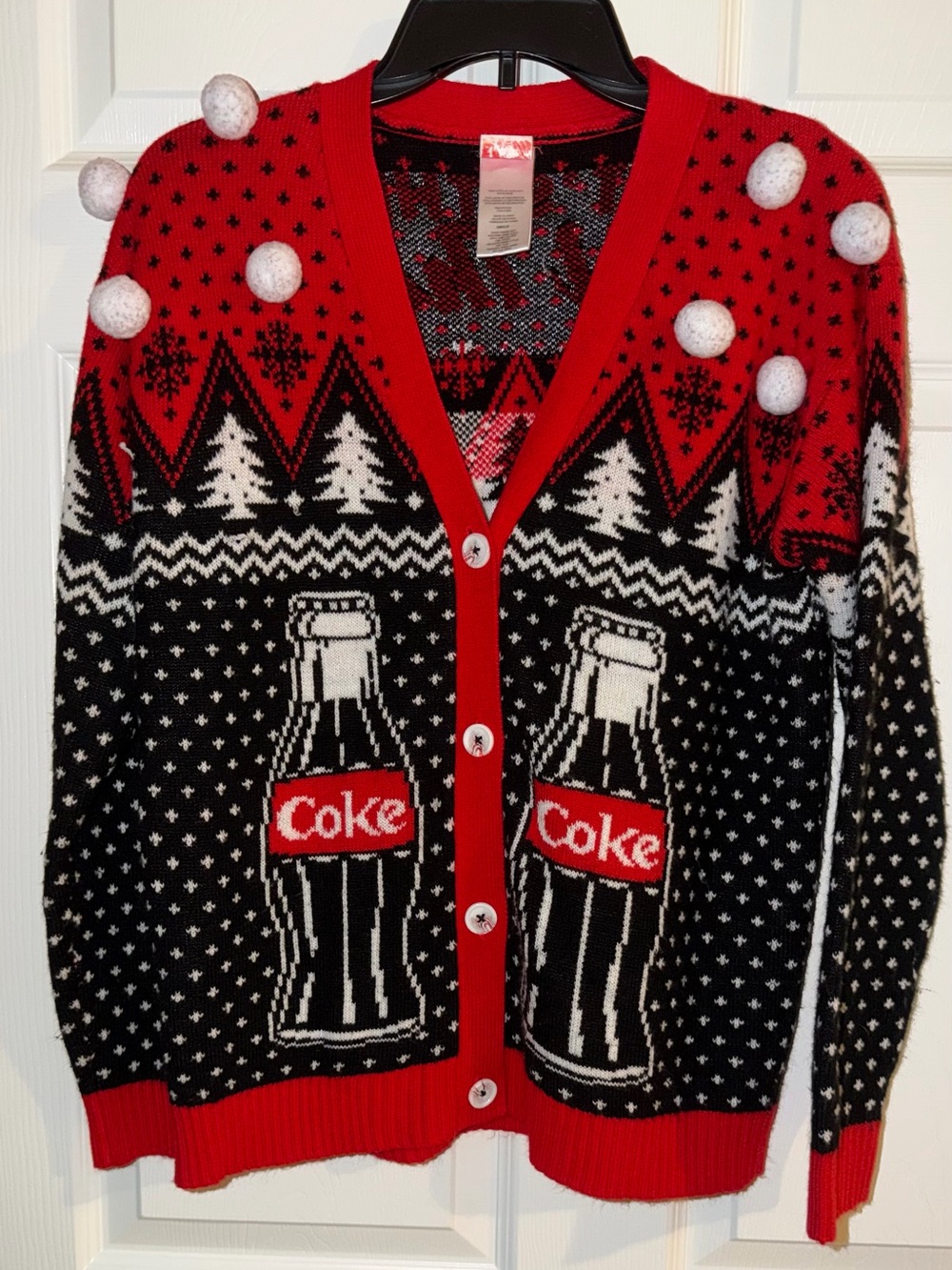 Coca-Cola Ugly Christmas Cardigan Sweater Pom Pom Snowballs Coke Bottles Size SM